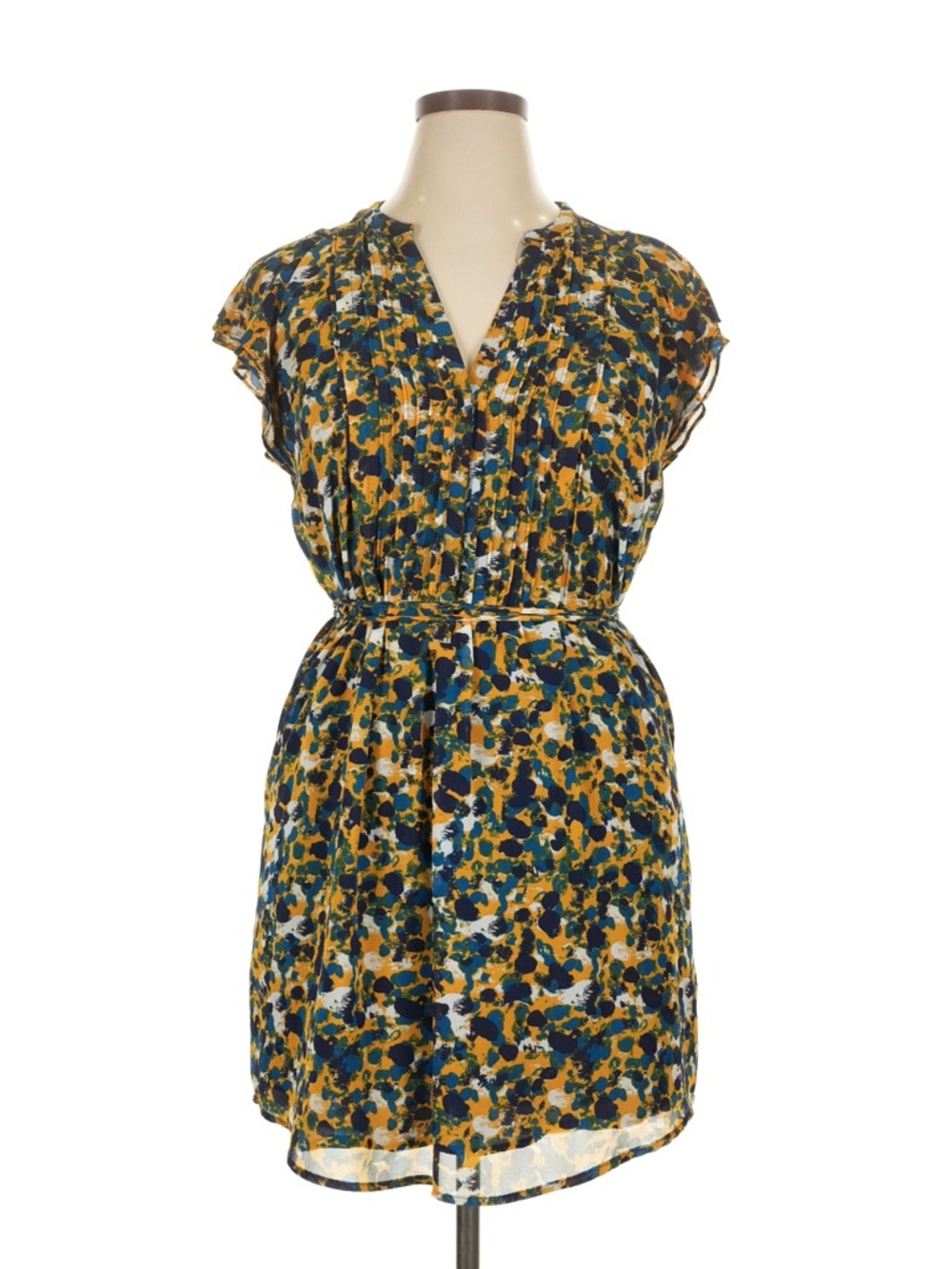 H&M Mustard and Teal Printed Cap-Sleeve Mini Dress